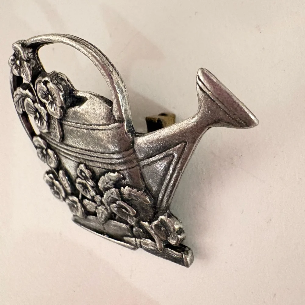 Vintage 1983 Vintage Pewter Floral Watering Can Brooch